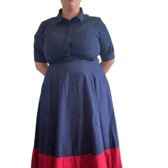 Vintage Buttonup Collared Dress Navy Red Midi Size 1X/ 18W - Picture 8 of 10